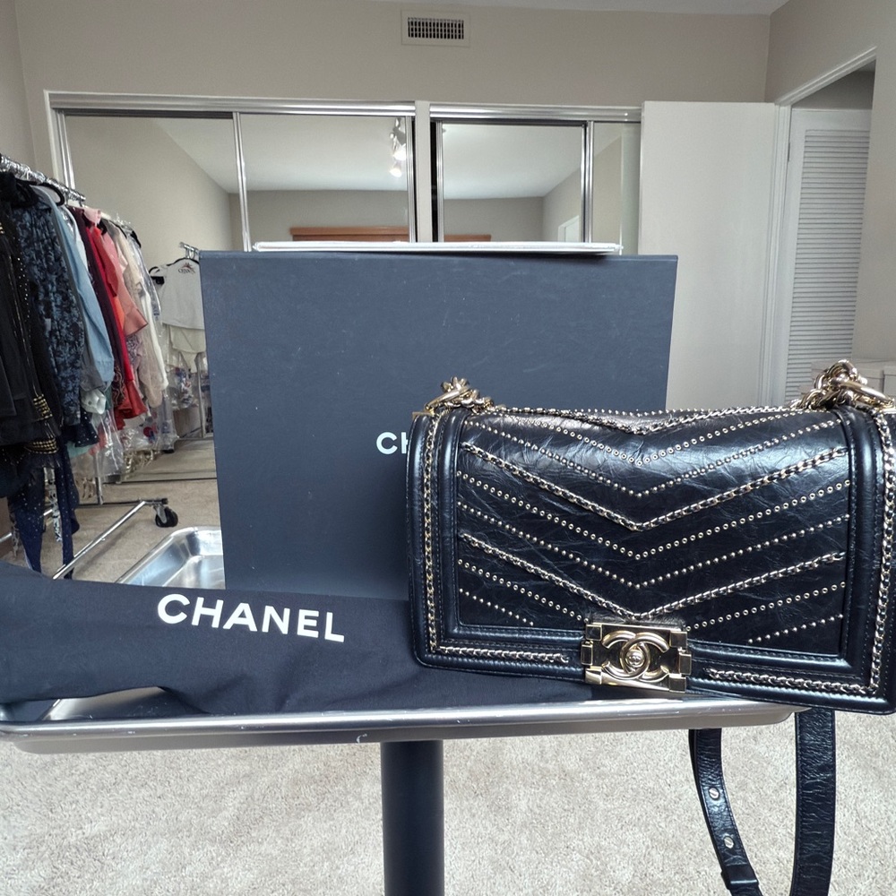 CHANEL Gold and Black Travel Bag with Quilted Chevron Pattern with original box